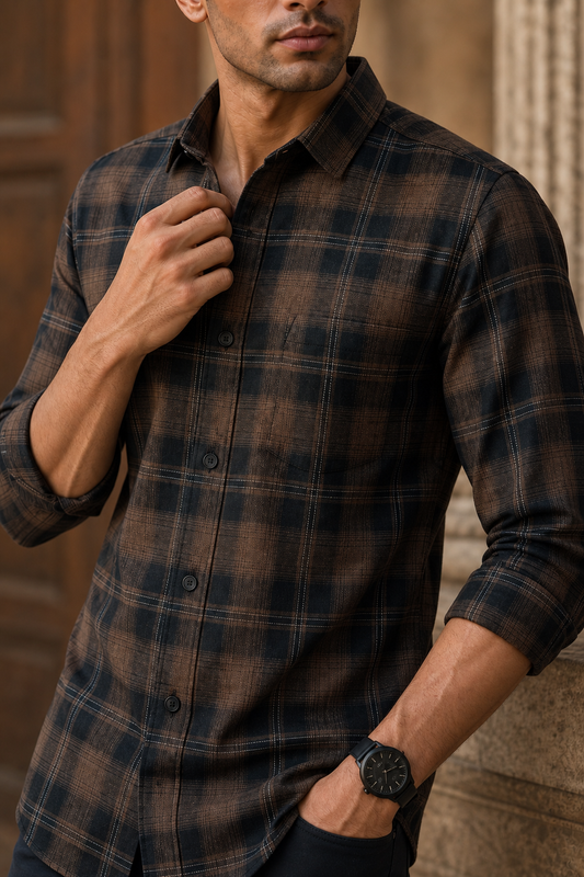 Men Brown Black Plaid Check Shirt Full Sleeve KEV-597-20