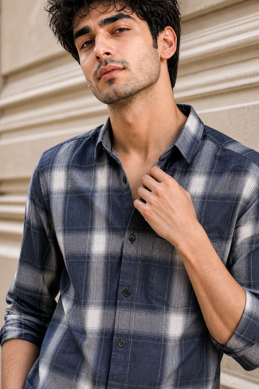 Men Blue Checks Casual Shirt | Full Sleeve Plaid Shirt KEV-597-14