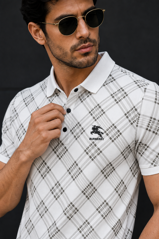 Men White Checked Polo Tshirt - Half Sleeve 119