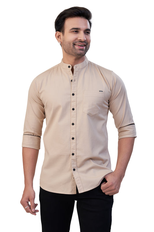 FAWN COLOR PLAIN STAND COLLAR CASUAL SHIRT