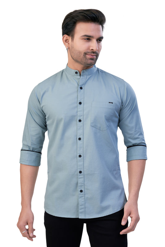 DARK PISTA COLOR PLAIN STAND COLLAR CASUAL SHIRT