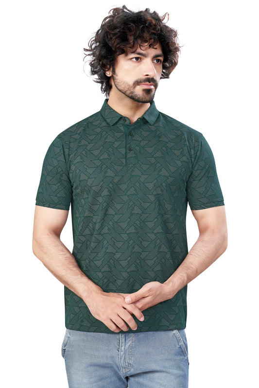 Green Trendy Printed Collar T-Shirt – Half Sleeves, Sinker Fabric