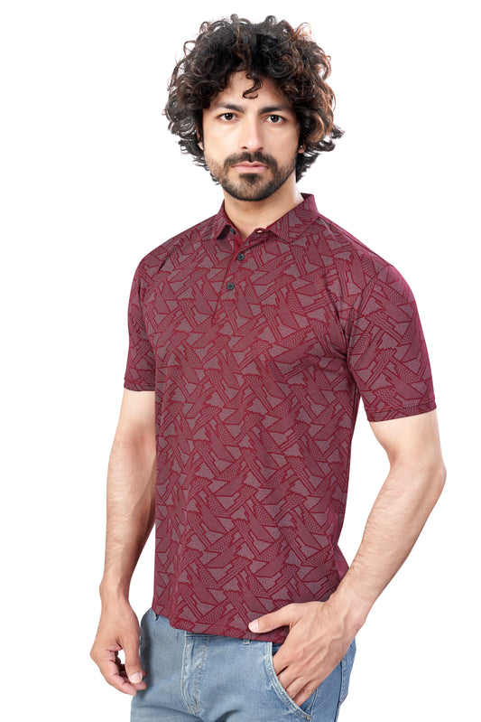 Maroon Trendy Printed Collar T-Shirt – Half Sleeves, Sinker Fabric