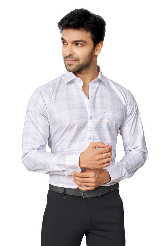 Man wearing a white dress shirt and black pants on a white background