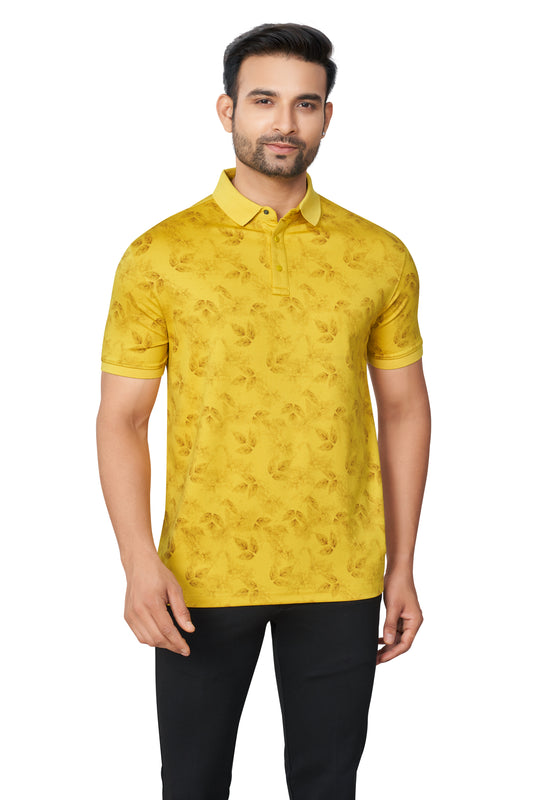MUSTARD COLOUR PRINTED COLLARED HALF SLEEVES TSHIRT