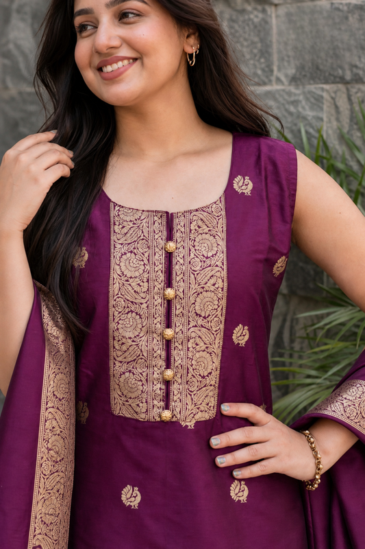 Women Wine Banarasi Silk Sleeveless Paithani Suit | Peacock Zari Work Straight Kurta Pant Dupatta Set ATL1001