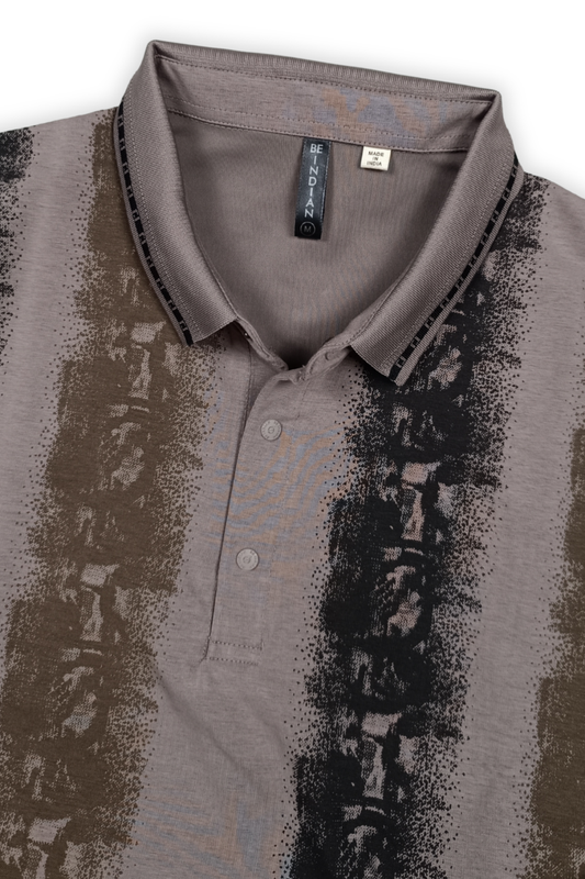 Men Black & Grey Printed Tipped Collar Polo T-Shirt With Snap Buttons ATL86624