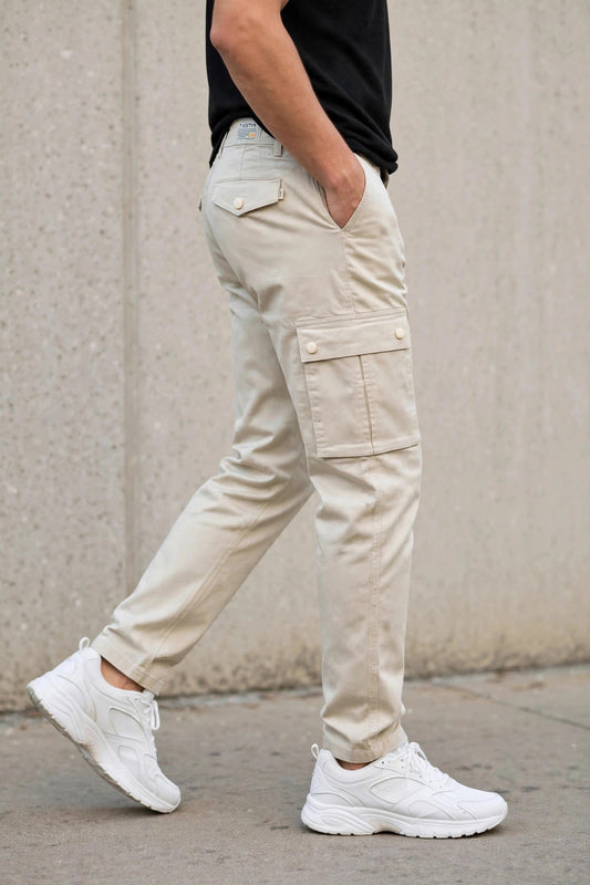 Men Cream Cargos Multi-Pocket Pants 1717