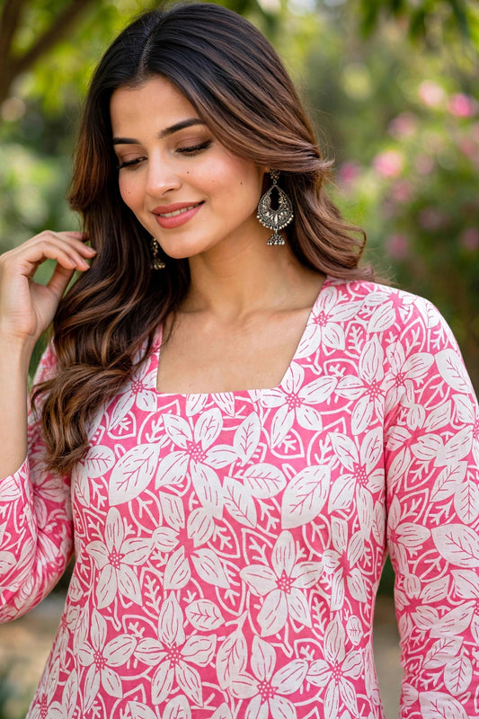 Women Pink Floral Leaf Print With Backlace Short Kurti 3561