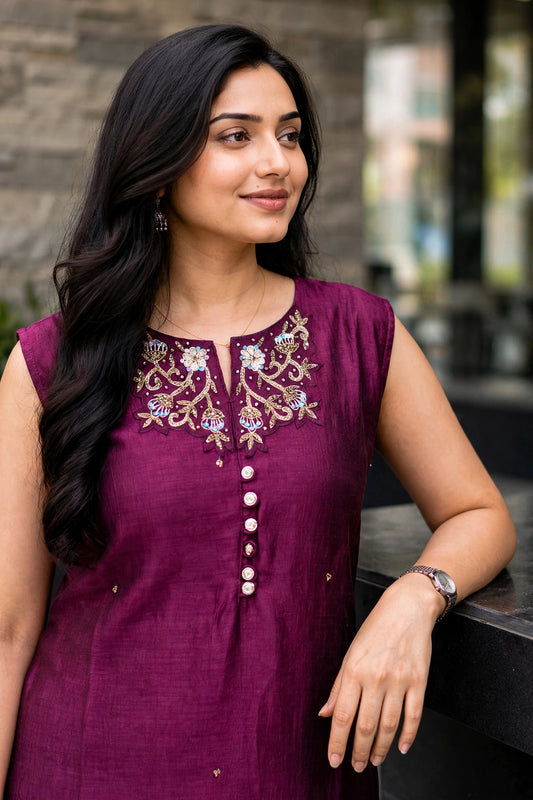 Women Wine Zari Embroidered Kurti Pant Set with Dupatta 151-314
