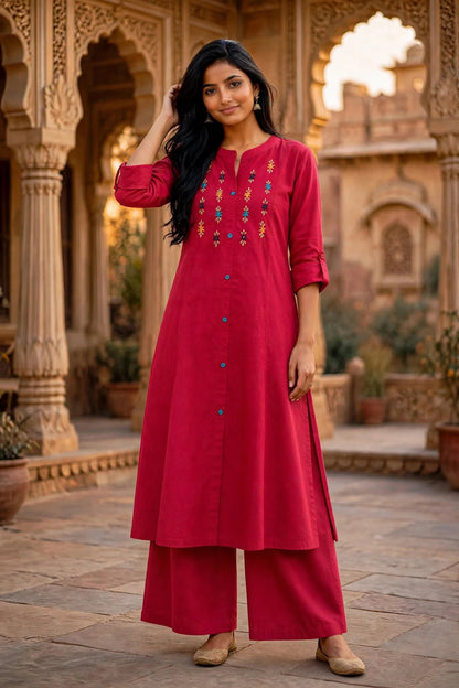 Maroon Embroidered Cotton Kurta Palazzo Set for Women ATL111