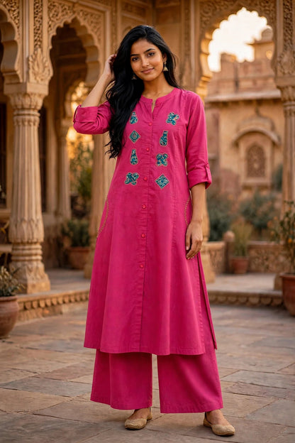 Rani Pink Cotton Slub Kurta Palazzo Set | Applique Work ATL115