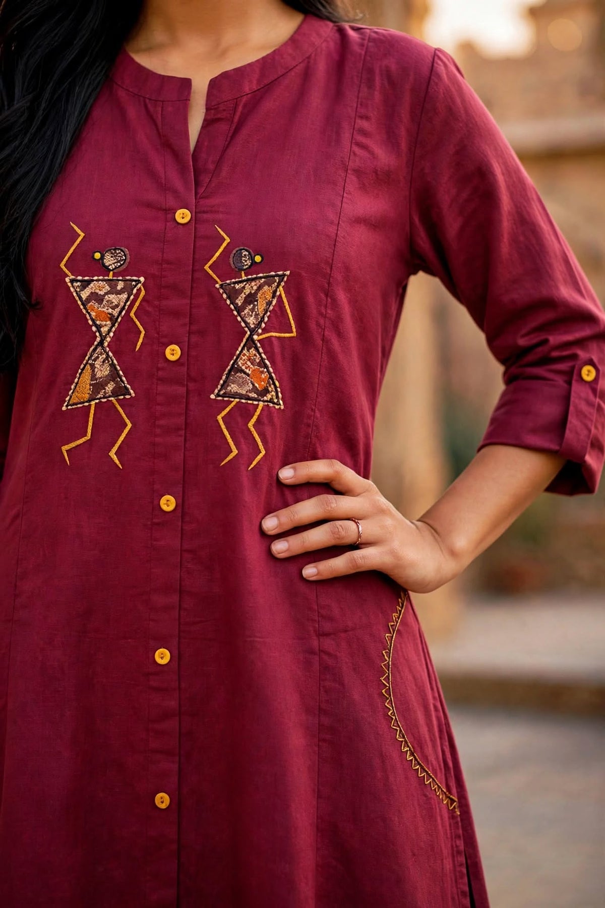 Warli Embroidered Maroon Cotton Kurta Palazzo Set for Women ATL113
