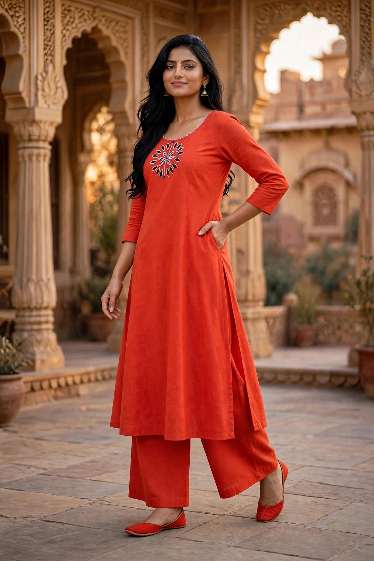 Rust Orange Mirror Work Cotton Kurta Palazzo Set ATL112
