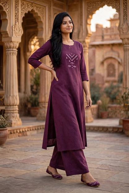 Wine Mirror Work Cotton Kurta Palazzo Set ATL110-A