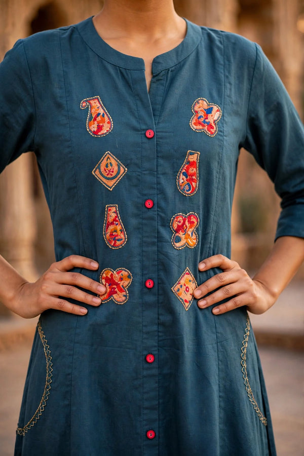 Teal Blue Patchwork Cotton Slub Kurta Palazzo Set | Applique Work ATL115