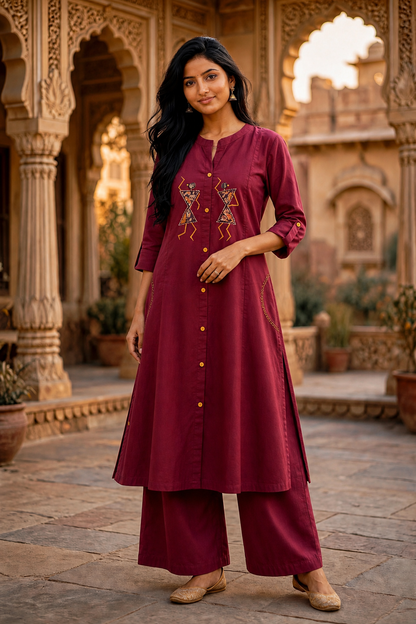 Warli Embroidered Maroon Cotton Kurta Palazzo Set for Women ATL113