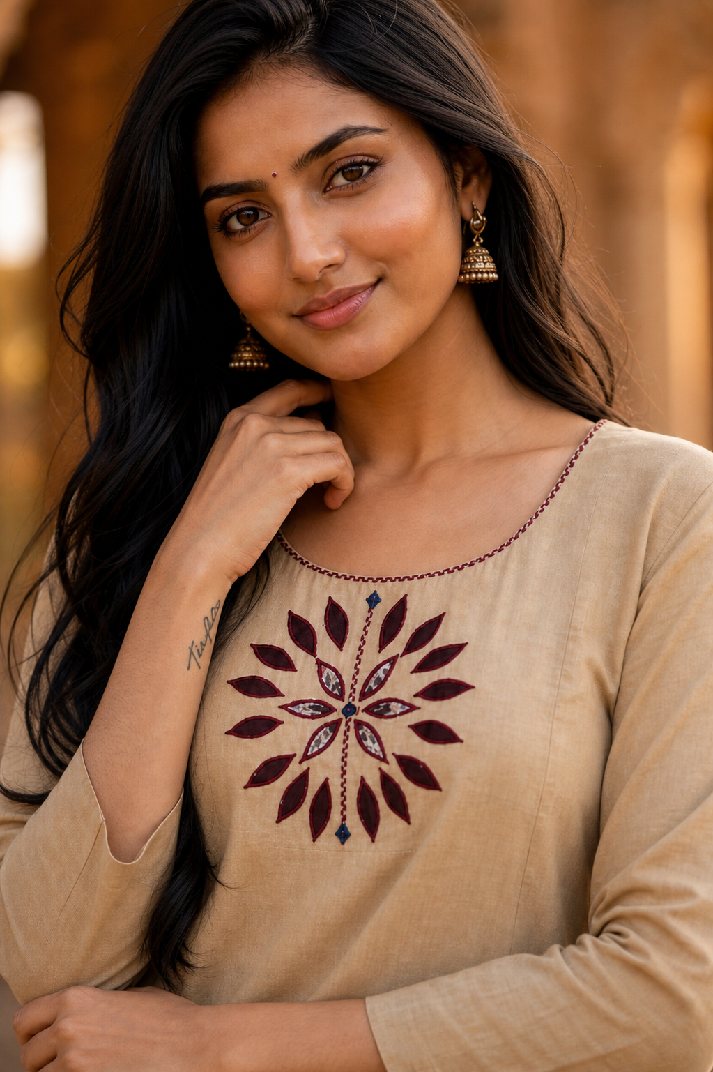 Beige Mirror Work Cotton Kurta Palazzo Set ATL112