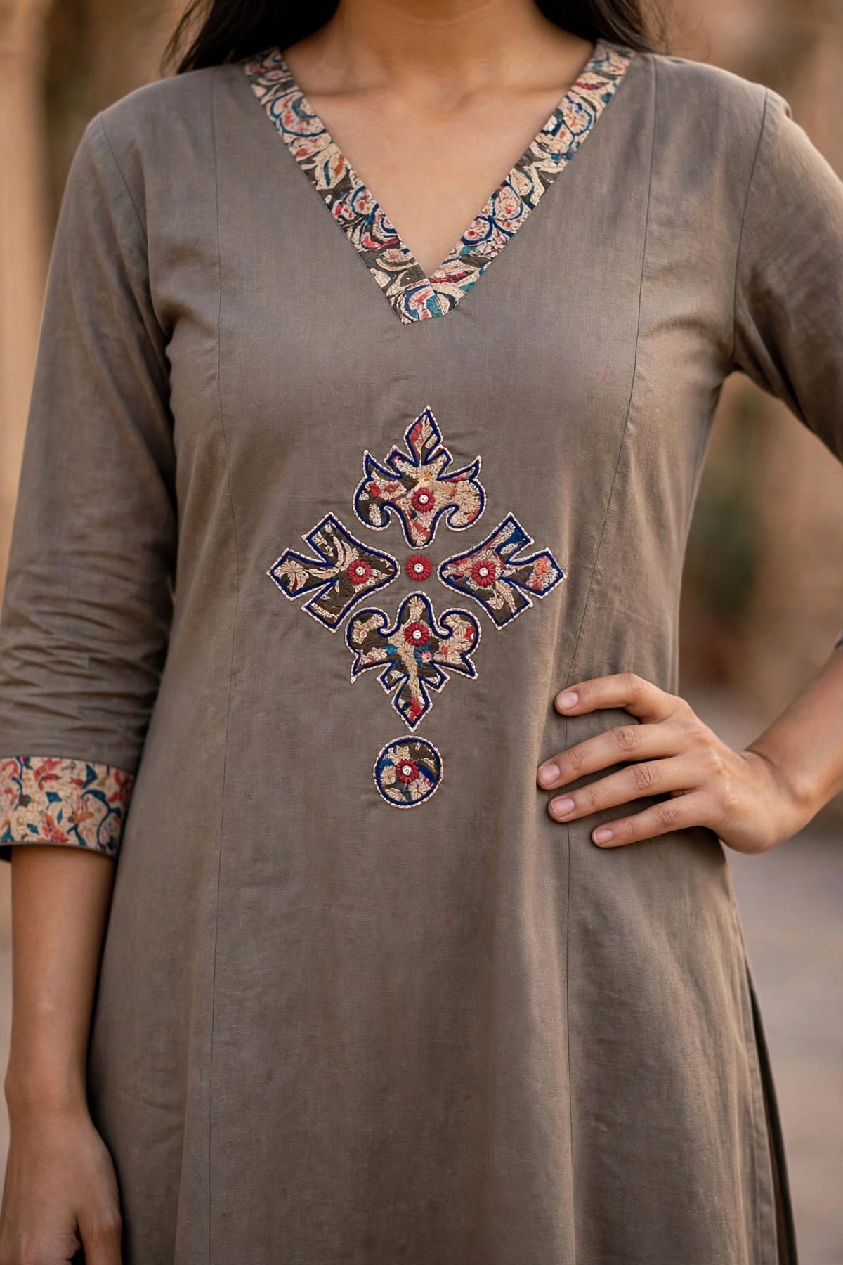Taupe Grey Cotton Kurta Palazzo Set | Kalamkari Work ATL114