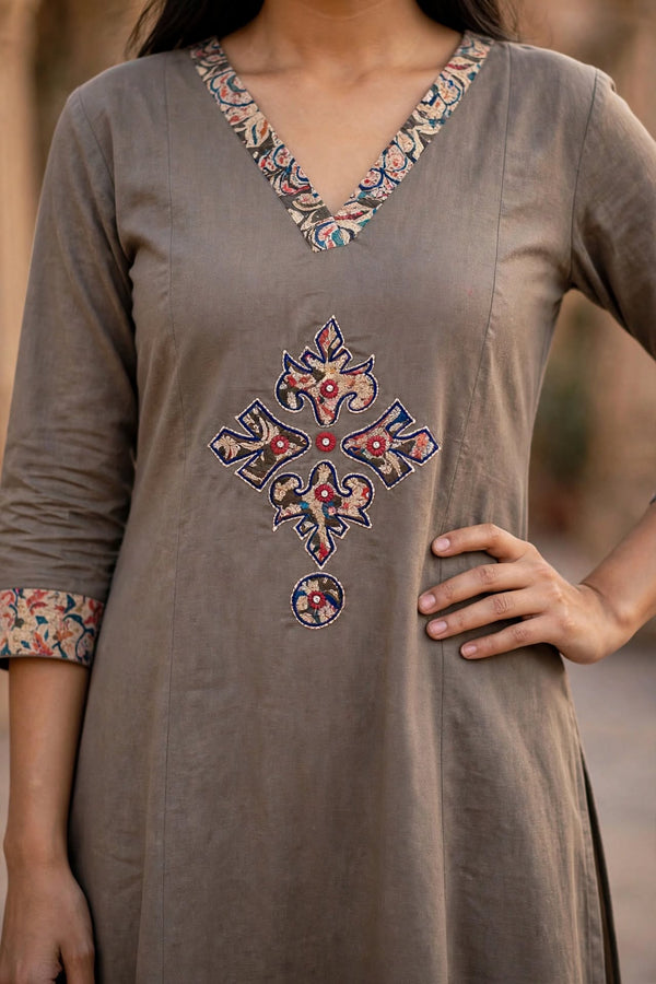 Taupe Grey Cotton Kurta Palazzo Set | Kalamkari Work ATL114