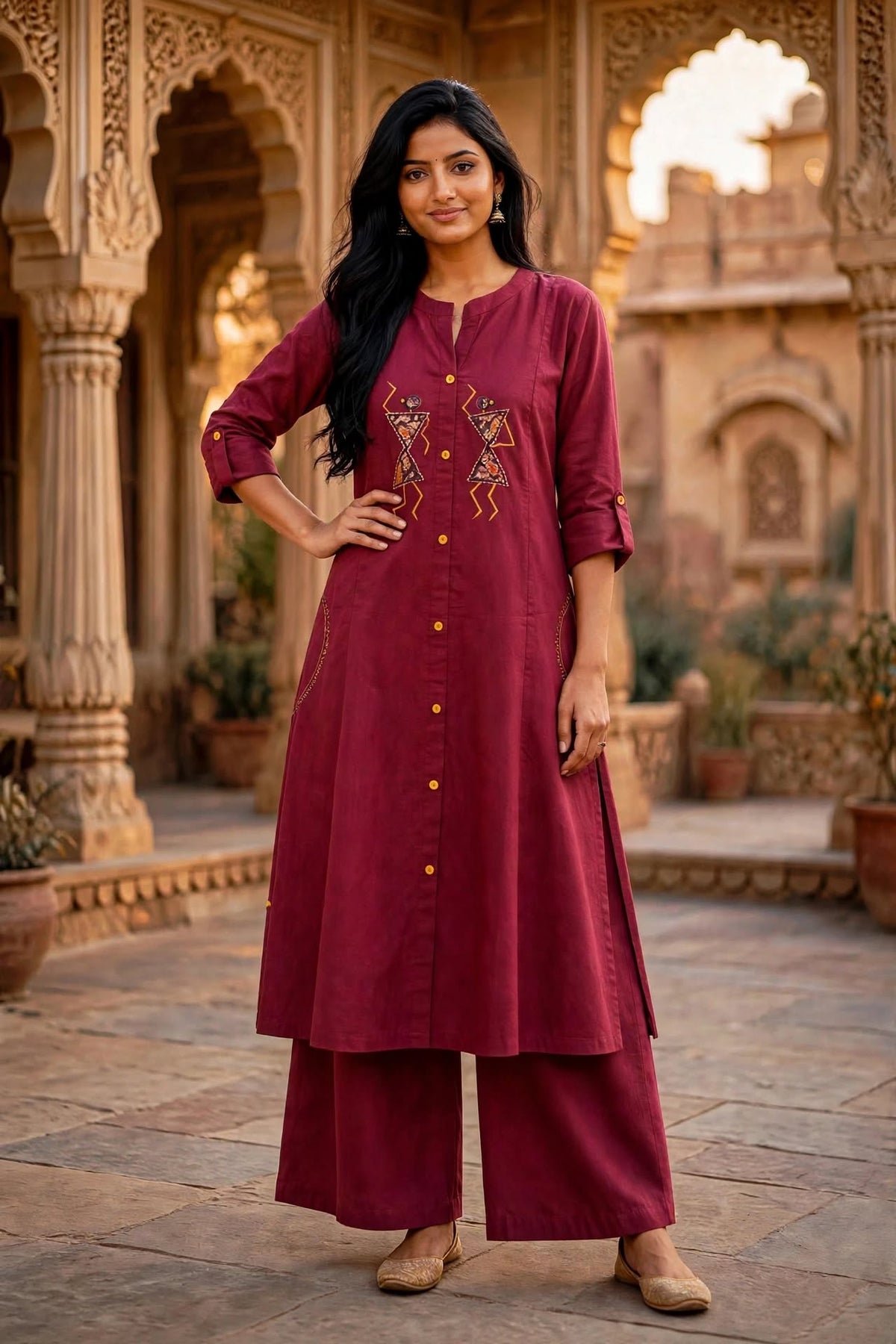 Warli Embroidered Maroon Cotton Kurta Palazzo Set for Women ATL113