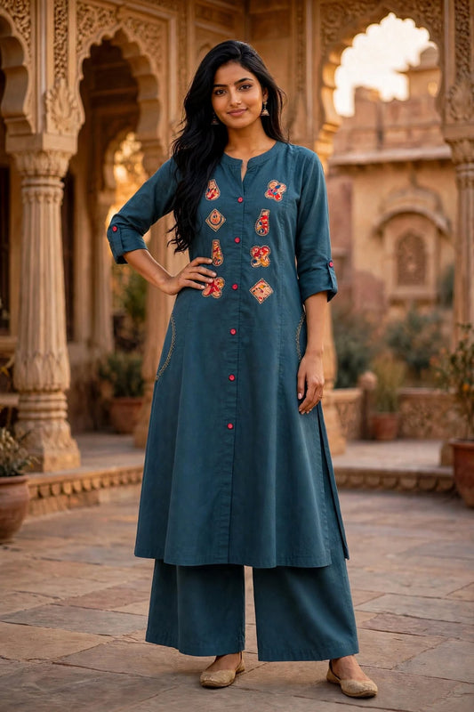 Teal Blue Patchwork Cotton Slub Kurta Palazzo Set | Applique Work ATL115