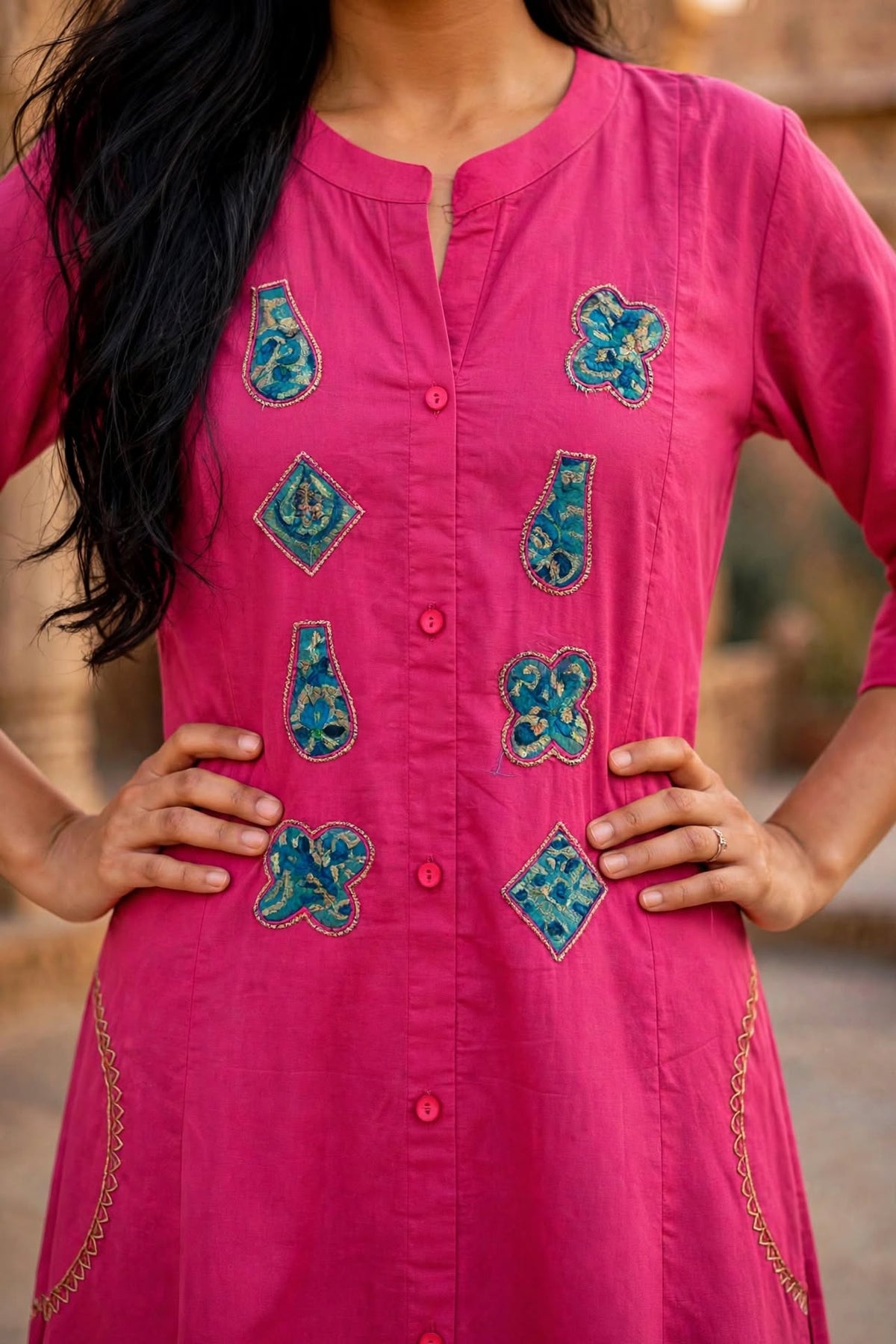 Rani Pink Cotton Slub Kurta Palazzo Set | Applique Work ATL115