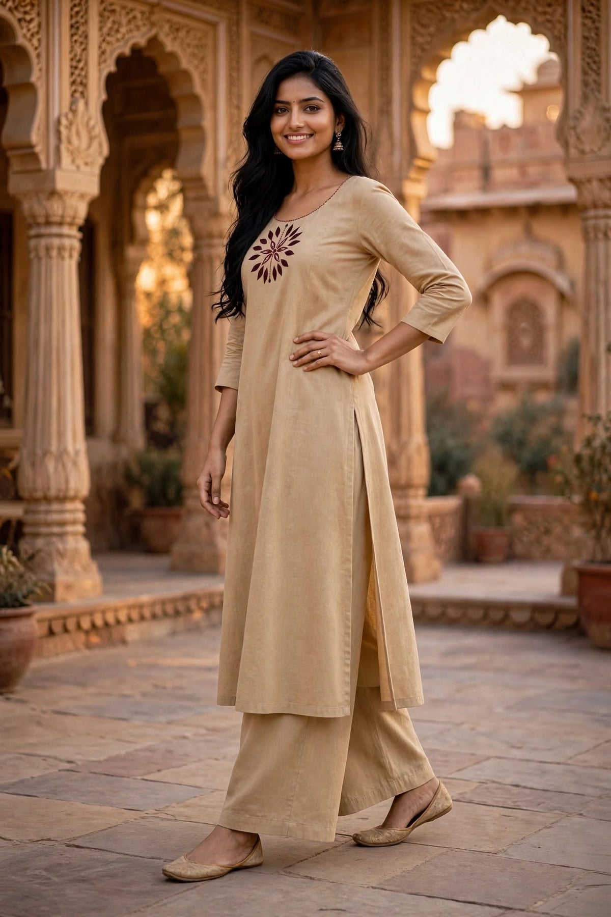 Beige Mirror Work Cotton Kurta Palazzo Set ATL112