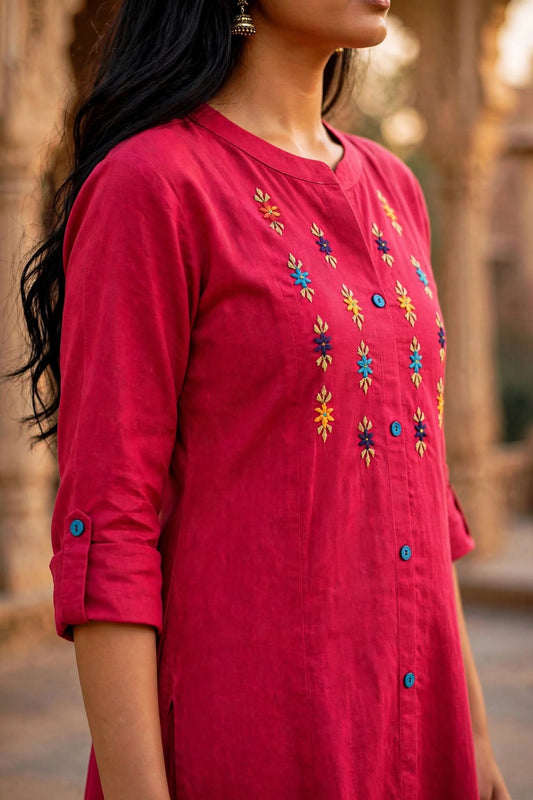 Maroon Embroidered Cotton Kurta Palazzo Set for Women ATL111