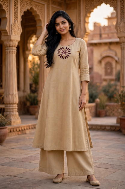 Beige Mirror Work Cotton Kurta Palazzo Set ATL112