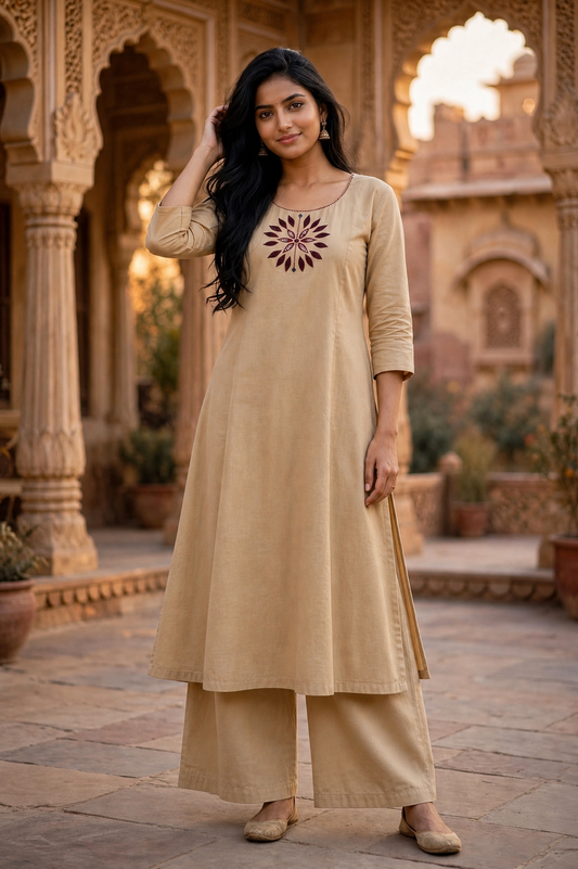 Beige Mirror Work Cotton Kurta Palazzo Set ATL112