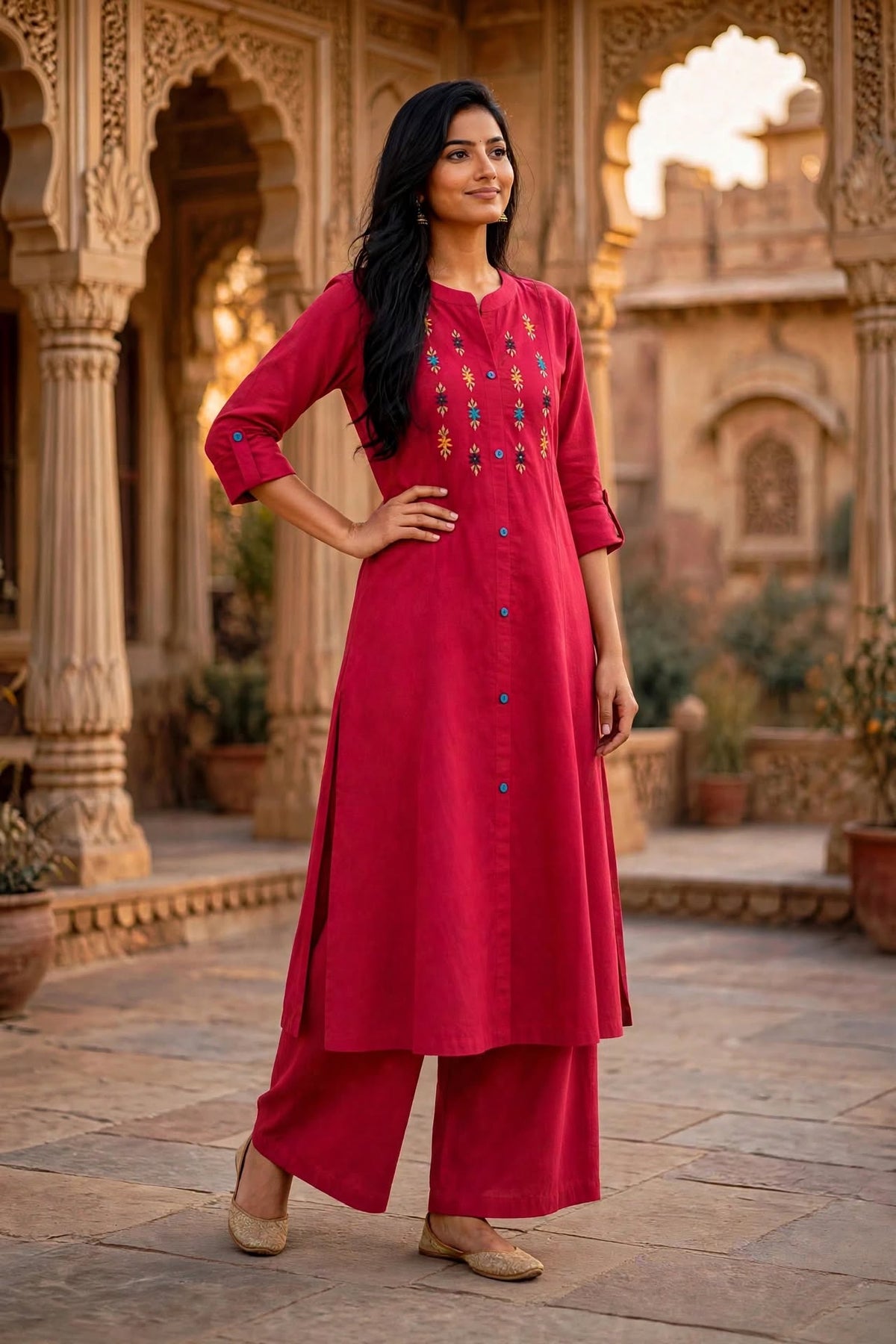Maroon Embroidered Cotton Kurta Palazzo Set for Women ATL111