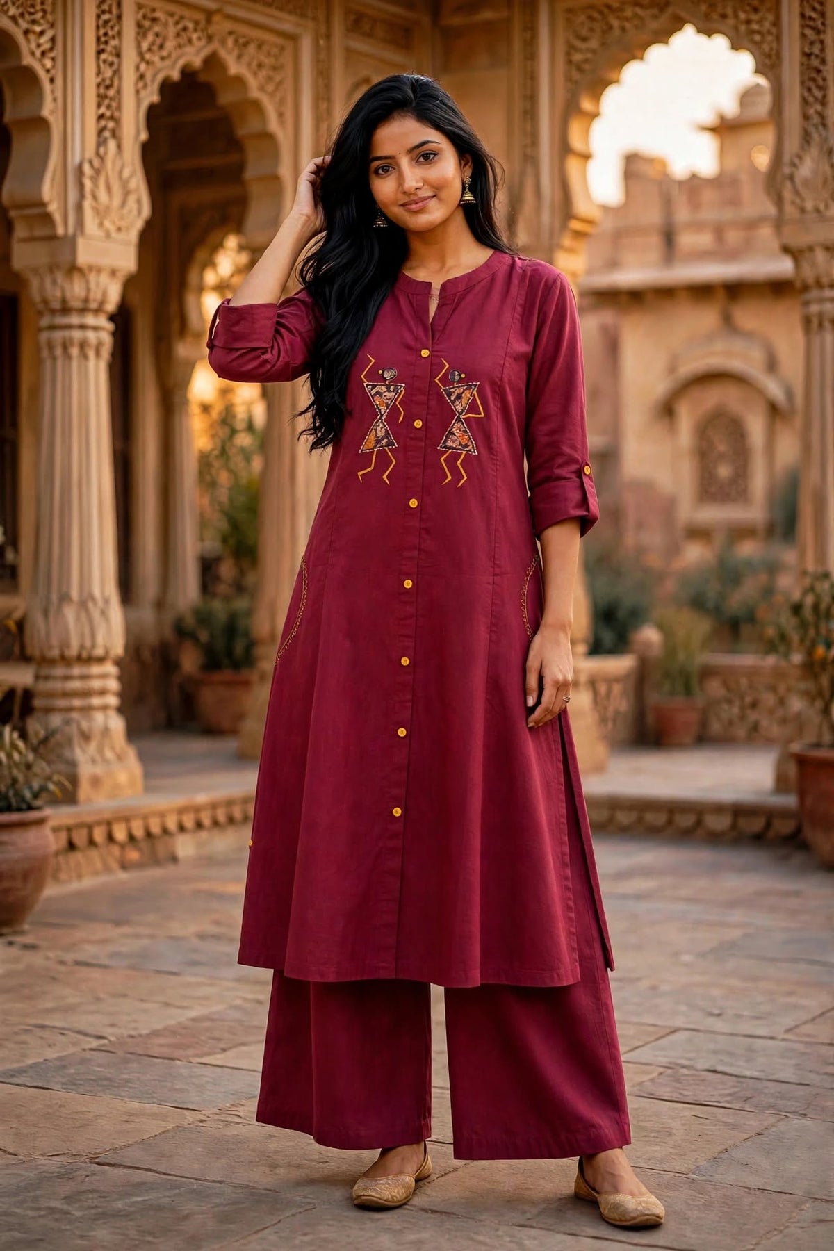 Warli Embroidered Maroon Cotton Kurta Palazzo Set for Women ATL113