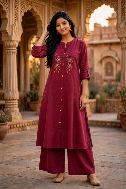 Warli Embroidered Maroon Cotton Kurta Palazzo Set for Women ATL113
