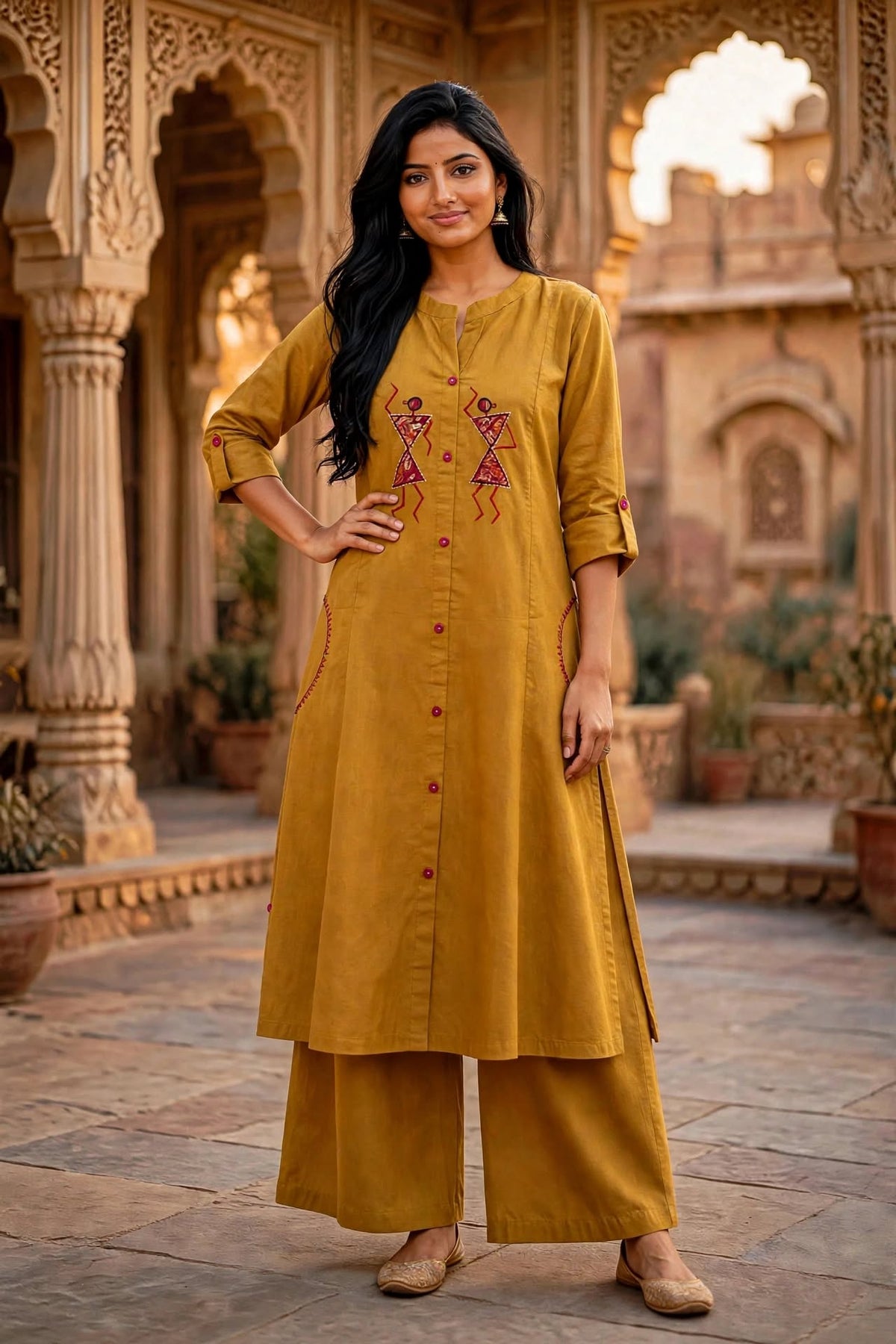 Warli Embroidered Olive Cotton Kurta Palazzo Set for Women ATL113