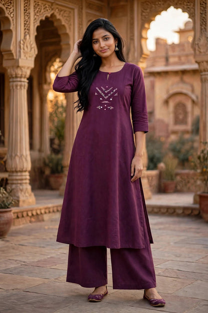 Wine Mirror Work Cotton Kurta Palazzo Set ATL110-A