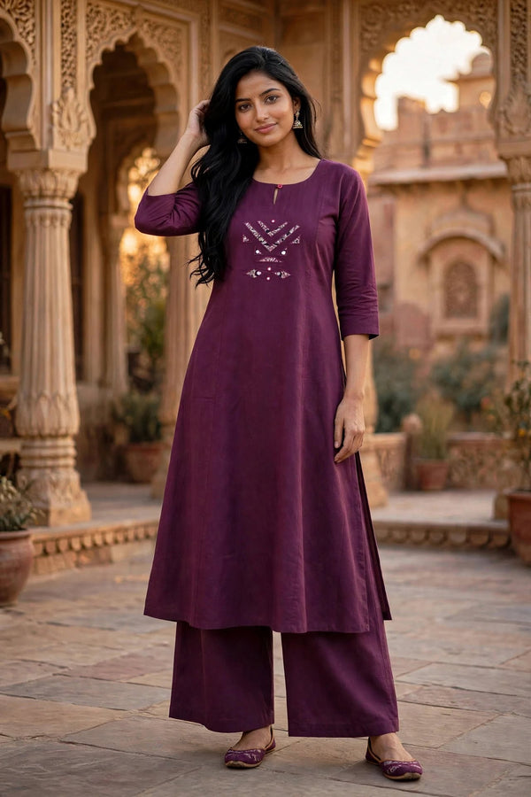 Wine Mirror Work Cotton Kurta Palazzo Set ATL110-A
