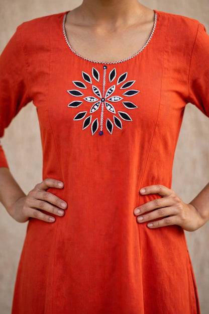 Rust Orange Mirror Work Cotton Kurta Palazzo Set ATL112