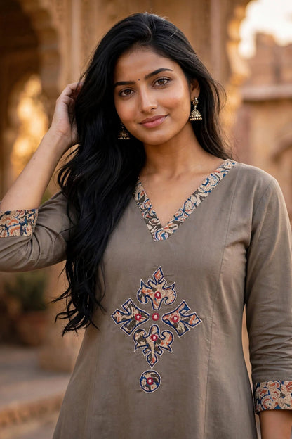 Taupe Grey Cotton Kurta Palazzo Set | Kalamkari Work ATL114