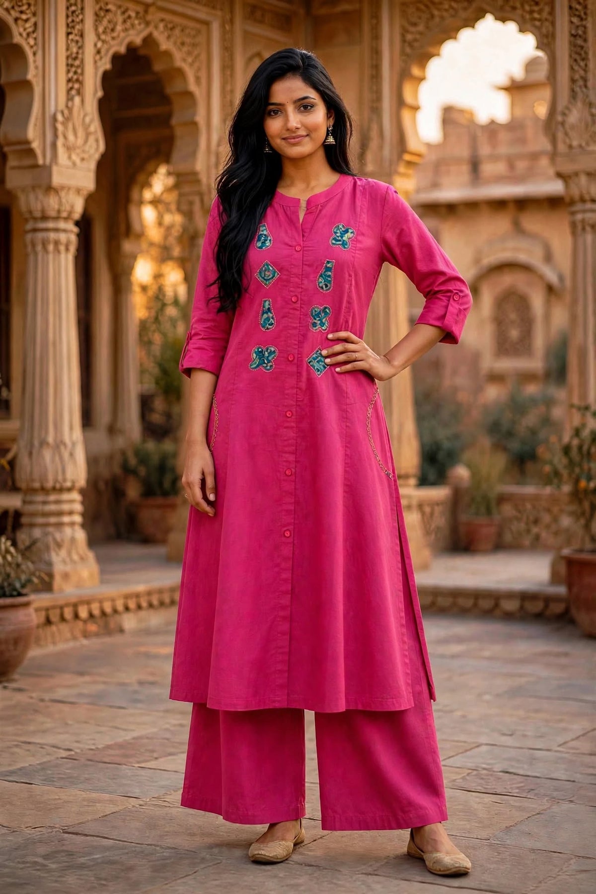 Rani Pink Cotton Slub Kurta Palazzo Set | Applique Work ATL115