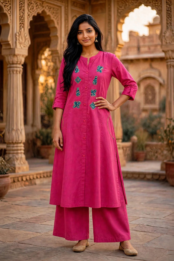Rani Pink Cotton Slub Kurta Palazzo Set | Applique Work ATL115