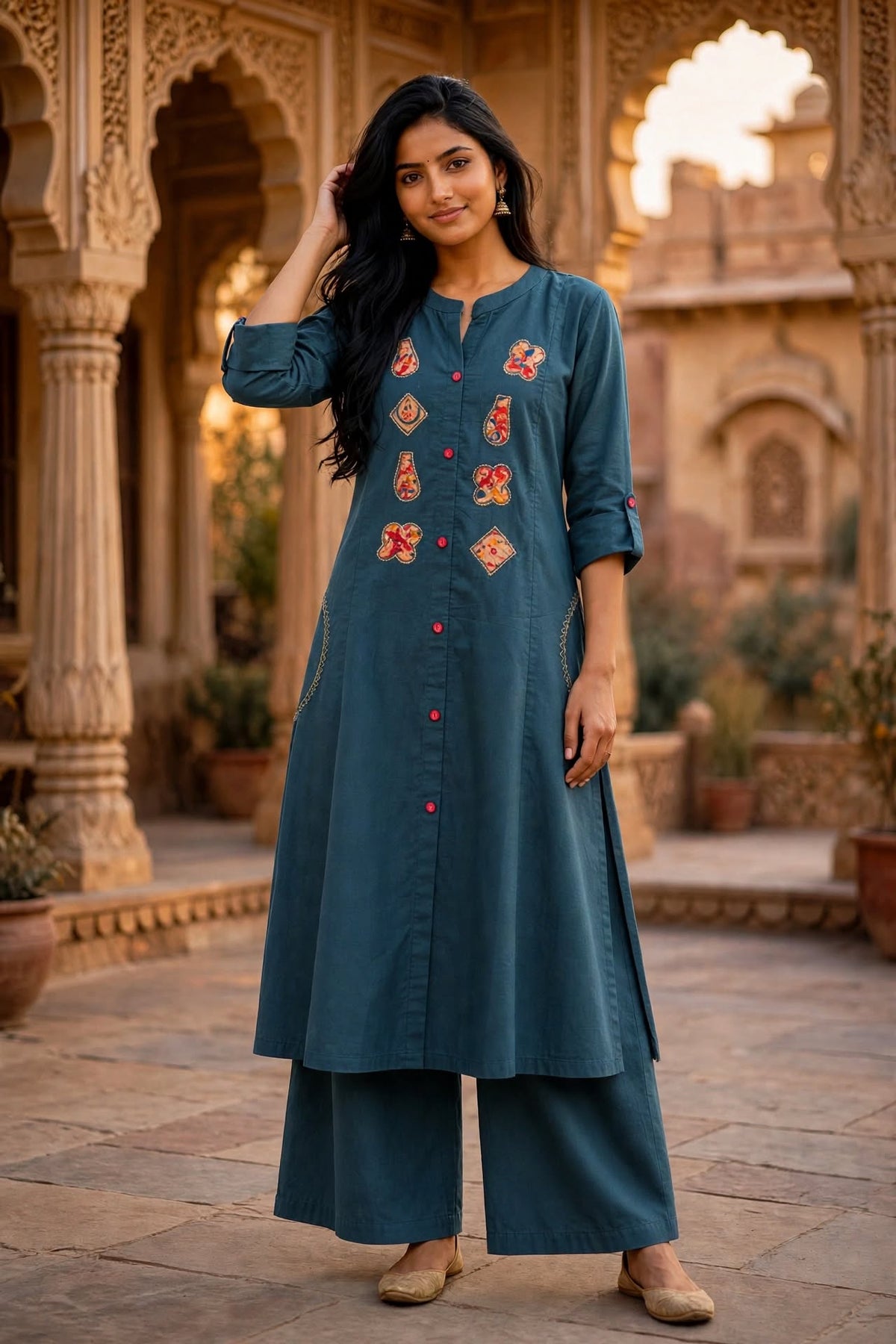 Teal Blue Patchwork Cotton Slub Kurta Palazzo Set | Applique Work ATL115