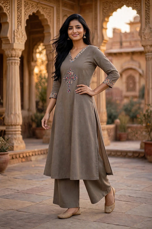 Taupe Grey Cotton Kurta Palazzo Set | Kalamkari Work ATL114