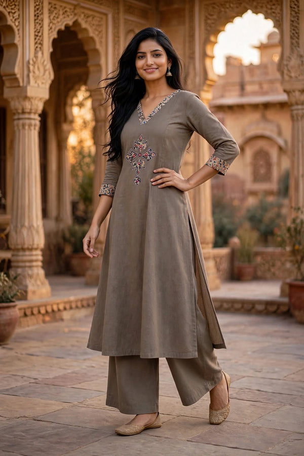 Taupe Grey Cotton Kurta Palazzo Set | Kalamkari Work ATL114