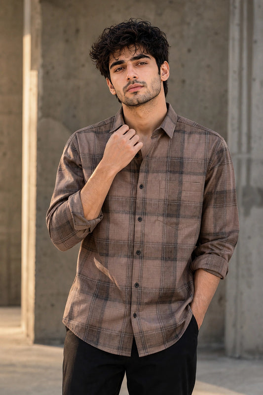 Men Brown Plaid Flannel Button-Up Shirt – Long Sleeve KEV-597-24