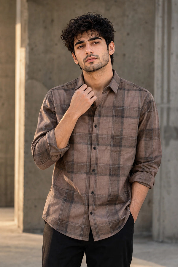 Men Brown Plaid Flannel Button-Up Shirt – Long Sleeve KEV-597-24