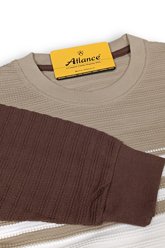 Men Brown-Beige Striped Crew Neck T-Shirt | Textured 251200372