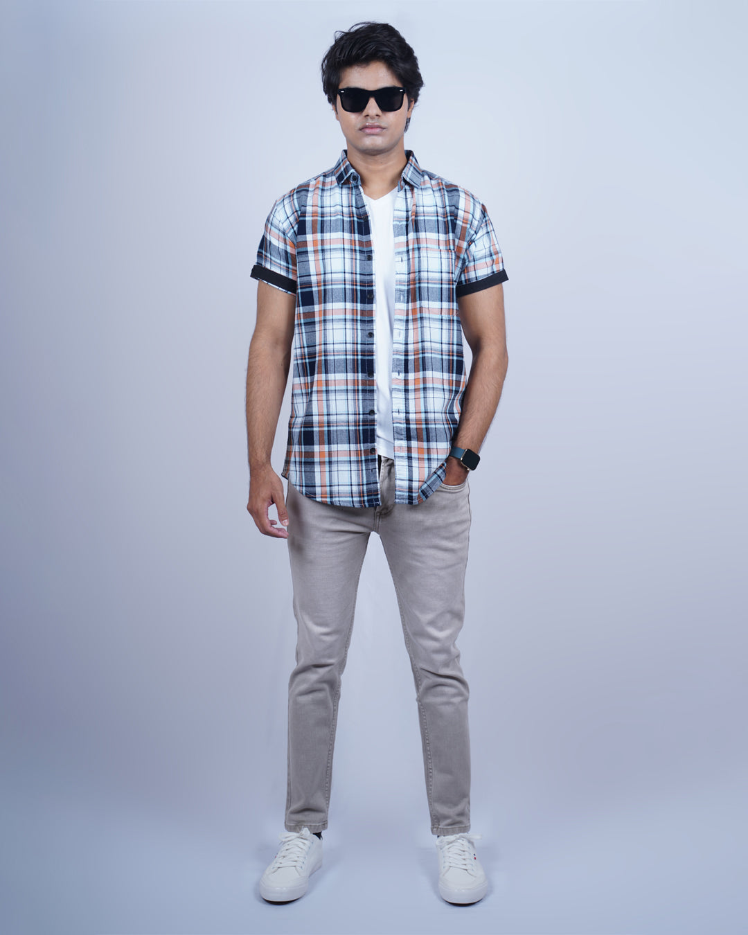 BLUE-WHITE COLOR CHECKS HALF SLEEVE CASUAL SHIRT