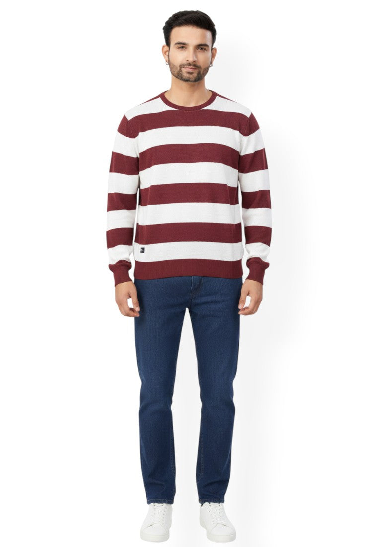 Men Maroon-White Horizontal Striped Crew Neck T-Shirt 251124134