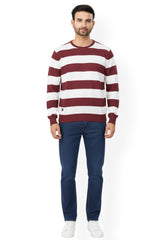Men Maroon-White Horizontal Striped Crew Neck T-Shirt 251124134